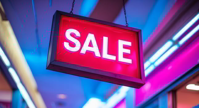 Vibrant Sale Sign with Neon Lights, a Captivating Visual Display for Shoppers. photo