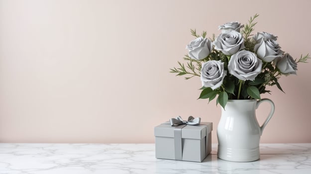 Radiant gray roses in a pristine white vase adorn the polished marble surface. photo