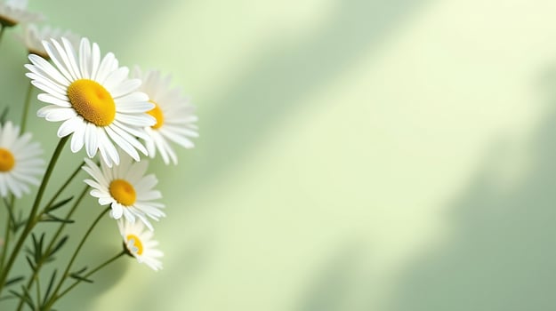 White daisies with yellow centers are illuminated by soft sunlight. photo