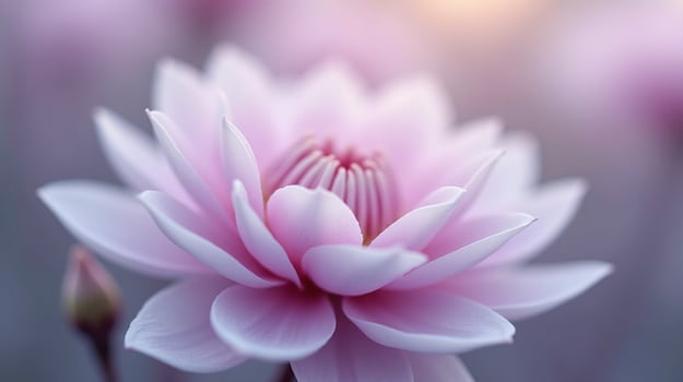 Delicate pink blossom, softly illuminated, gracefully blooms amidst a serene backdrop. photo