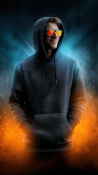 Young man wearing hoodie and sunglasses poses against dramatic blue and orange background with bright light effects photo