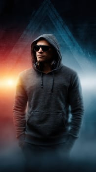 Artist in hoodie and sunglasses poses confidently against a dramatic background at night photo