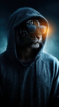 Stylish individual with a tiger's head blending human and animal features in a dramatic dark setting photo