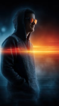 Young man in hoodie stands confidently against a vibrant digital backdrop at night photo