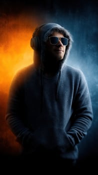 Energetic musician wearing headphones and sunglasses stands against a dramatic colorful backdrop showcasing contrasting hues of orange and blue photo