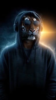 Futuristic figure wearing headphones with a tiger head and sunglasses standing in a vibrant, stylized backdrop at night photo