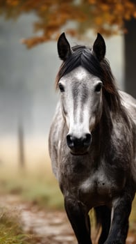 Gray horse walking through a misty forest during autumn in the early morning light photo