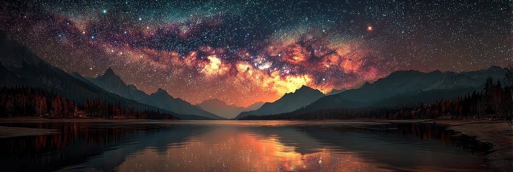 Stunning nighttime view of a serene lake under a starry sky with vibrant colors of the Milky Way reflecting on the water photo