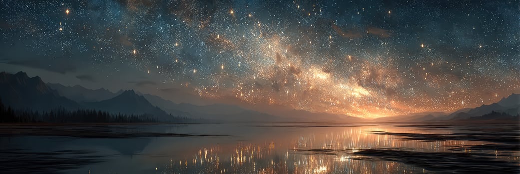 Starlit night sky reflected in calm lake with mountains in the background during twilight hours photo