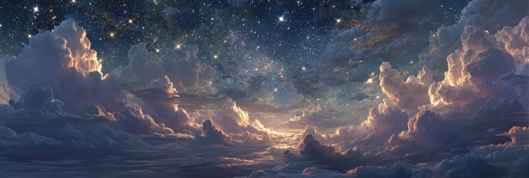 Night sky filled with stars and glowing clouds over a serene landscape at twilight photo