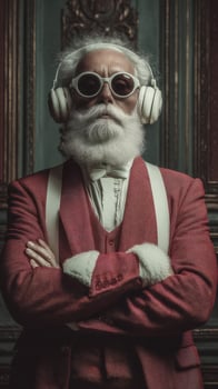 Stylish elderly man in red suit with headphones poses confidently in ornate indoor setting photo