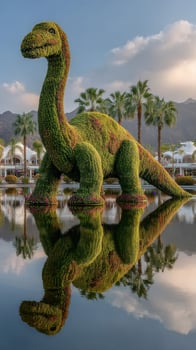 Large dinosaur topiary in a reflective pond surrounded by palm trees during golden hour photo