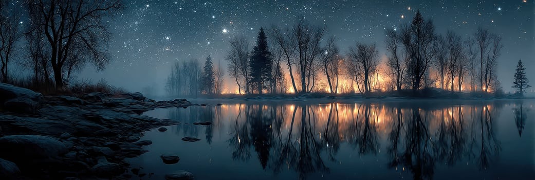 Starry night landscape with forest reflections and glowing embers by the water photo