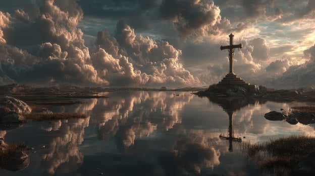 Majestic sunrise over a serene lake with a large stone cross reflecting on calm waters photo