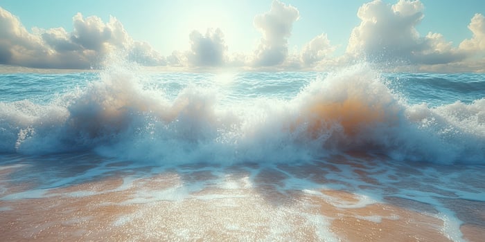 Waves crash against the shore under a bright sky, capturing the essence of a serene beach at sunrise photo