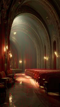 Elegant interior of a vintage theater showcasing ornate architecture and plush seating illuminated by soft lighting photo