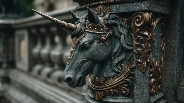 Sculpted unicorn head adorns ornate architecture in a historic city photo