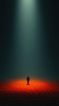 Performer stands alone on a vibrant red stage beneath a bright spotlight in an empty auditorium at night photo