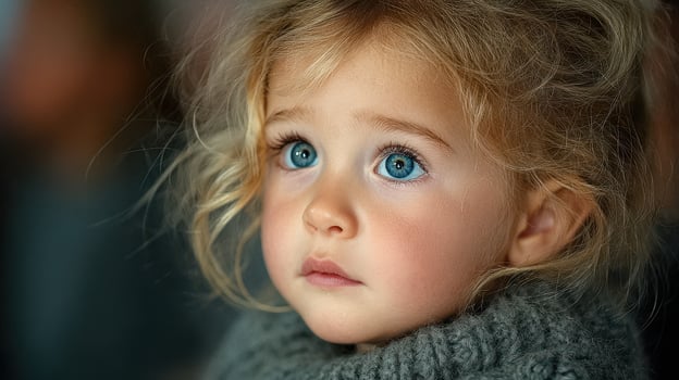 Beautiful young girl with striking blue eyes gazing thoughtfully during a cozy indoor gathering photo