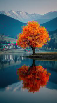 Vibrant autumn tree stands alone on the shore, reflecting in the calm lake with mountains in the background at dusk photo