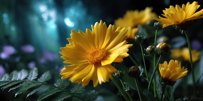 Bright yellow flowers bloom in a serene garden under soft light during early evening in springtime photo