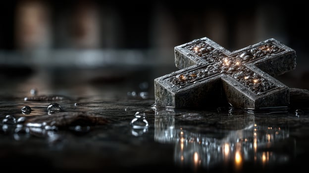 Cross reflection on wet surface illuminated by dim light near dark background, creating an atmospheric effect and sense of depth photo