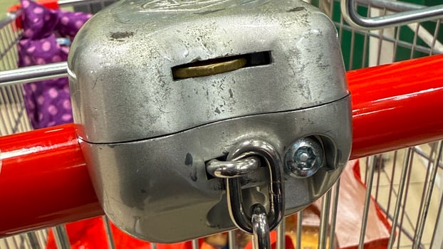 Quirky coin hungry shopping cart lock, urban thrift adventure, hidden economies, Consumer Rights Day curiosity, metallic enigma secured photo