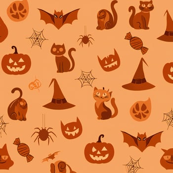 Halloween Background Seamless Halloween Pattern Cute Cats Pumpkins Bats and Witch Hats in Orange Tones photo