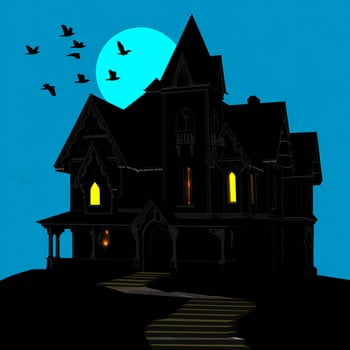 Halloween Background Spooky Victorian Mansion Silhouette at Night Halloween Mysterious House Birds Flying photo