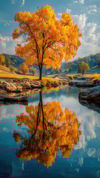 Vibrant autumn tree reflects in peaceful lake surrounded by colorful foliage and rocky landscape photo