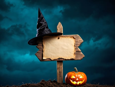 Halloween Background Spooky Halloween Signpost with Witch Hat Jack o lantern and Blank Parchment Paper photo