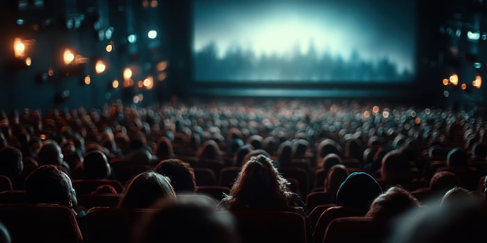 Crowded theater filled with moviegoers eagerly awaiting the start of a film at night in a dark environment photo