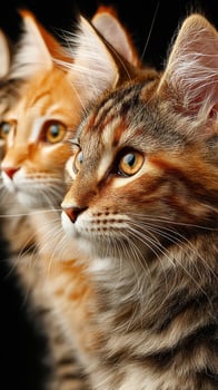 Two curious cats with vivid fur patterns gazing in the same direction indoors during quiet afternoon light photo