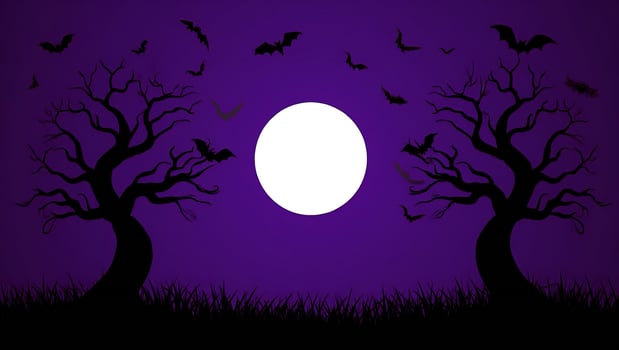 Halloween Background Spooky Halloween Night Scene Silhouette Trees Bats Full Moon Purple Sky photo