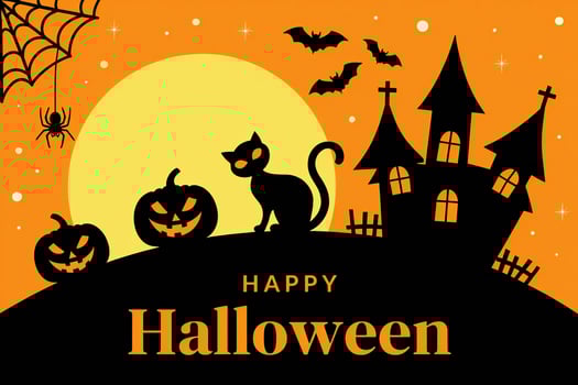 Halloween Background Spooky Halloween Night Scene Black Cat Pumpkins Haunted House Bats and Spider Web photo