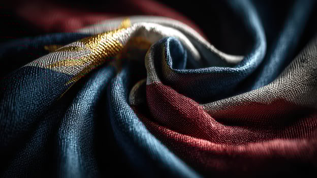 Colorful fabric folds highlight the intricate design of a national flag displayed indoors in an artistic manner photo