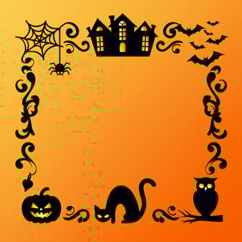 Halloween Background Halloween Orange Background Design with Bats Cats Spider Haunted House and Pumpkin photo