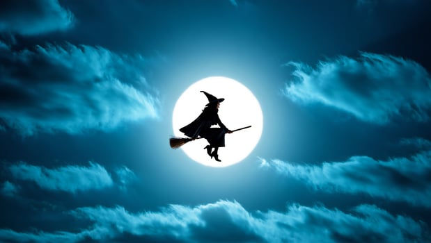 Halloween Background Silhouette of Witch Flying on Broomstick at Night Full Moon Halloween photo