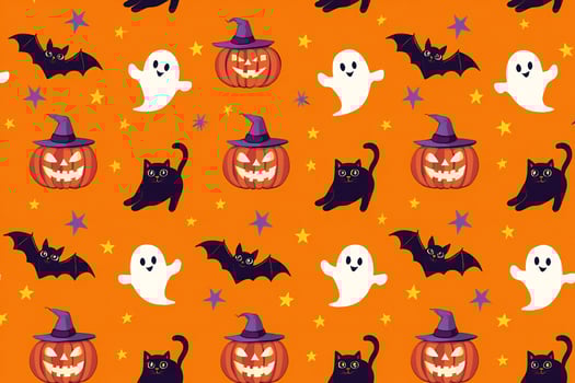 Halloween Background Spooky Halloween Seamless Pattern Jack o lanterns Ghosts Bats and Black Cats on Orange photo