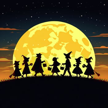 Halloween Background Silhouetted Children Trick or Treating Under Halloween Full Moon photo