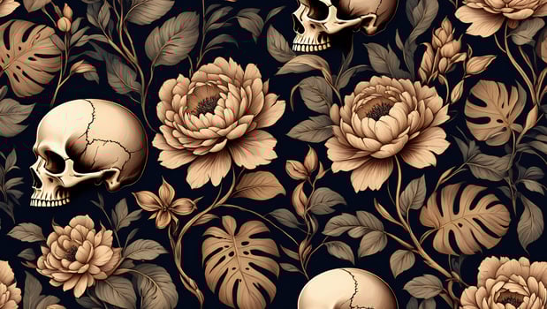 Halloween Background Elegant Seamless Pattern Skulls Peonies and Tropical Leaves in Sepia Tones photo