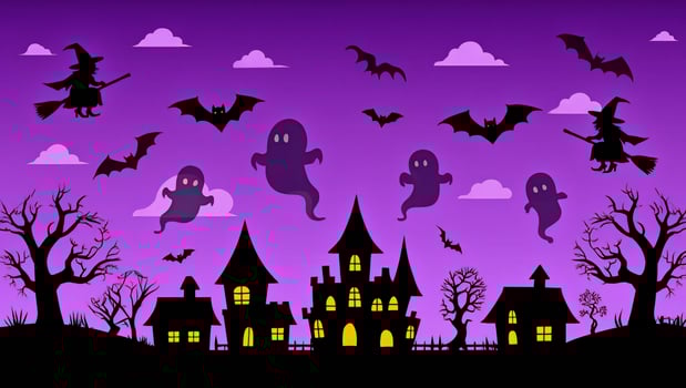 Halloween Background Spooky Halloween Night Scene Ghosts Witches Bats Haunted Houses Silhouette Illustration photo