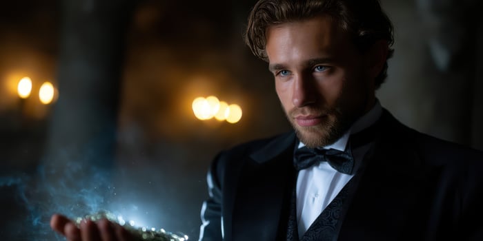 Elegant man performing magic in a dimly lit venue during an evening event with sparkling lights in the background photo