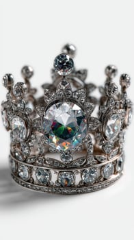Sparkling crown adorned with large gemstones and intricate designs showcased on a light background photo
