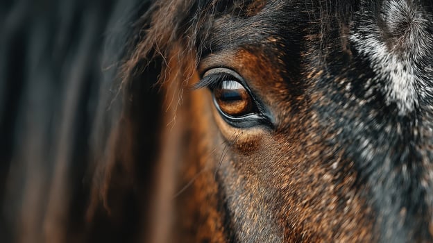 Close-up of a horse's eye, showcasing its intricate details and warm tones, in a serene outdoor setting during the golden hour photo