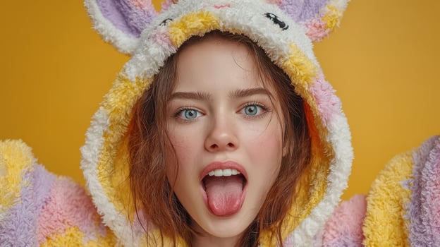 Young woman wearing colorful bunny hooded jacket expresses playful emotions on bright yellow background photo
