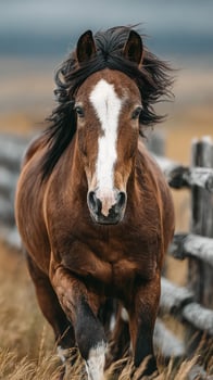 Brown horse running freely in an open field near a wooden fence under a cloudy sky during autumn photo