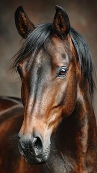 Beautiful brown horse with flowing mane gazes directly at the viewer in a soft, blurred background during the golden hour photo