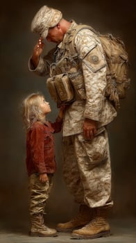 Soldier bids farewell to child before deployment in emotional moment captured at sunset photo