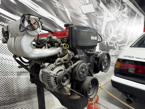 Moscow, Russia, April 27, 2025 Close up of the iconic Toyota 4A GE engine on display, highlighting mechanical details and its legacy in AE86 performance and Japanese car culture photo